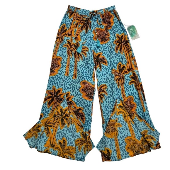 True Destinations Pants Wide Loose Leg w/ Split Blue & Gold Women’s Size Medium - Picture 1 of 16